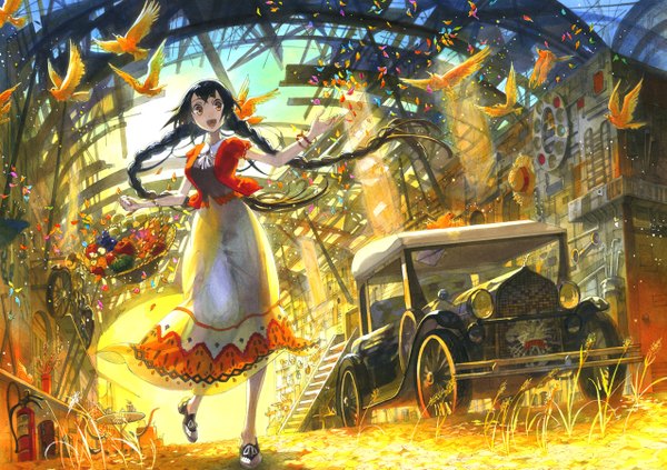 Anime picture 1275x900 with original fuumi (radial engine) single long hair fringe open mouth black hair standing brown eyes braid (braids) sunlight twin braids happy girl dress plant (plants) hat petals food shoes