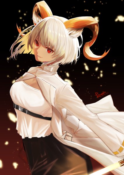 Anime picture 1700x2400 with arknights carnelian (arknights) kawausoman single tall image fringe short hair red eyes signed animal ears looking away upper body white hair horn (horns) black background underbust girl
