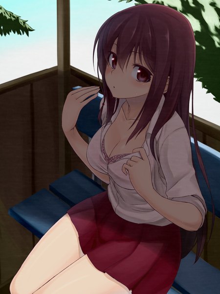 Anime picture 1050x1400 with original maou single long hair tall image looking at viewer breasts light erotic brown hair sitting purple eyes heat girl skirt miniskirt shirt