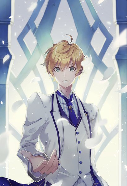 Anime picture 686x1000 with fate (series) fate/prototype arthur pendragon (fate) kusaka kou single tall image looking at viewer fringe short hair blonde hair hair between eyes green eyes ahoge upper body parted lips wind outstretched hand boy petals necktie