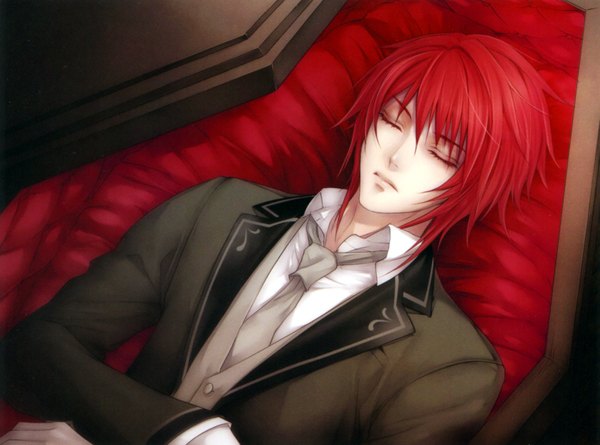 Anime picture 3362x2499 with will o' wisp (game) will highres short hair absurdres red hair scan reclining sleeping boy shirt necktie suit coffin