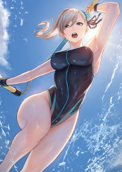 Anime picture 1254x1771 with fate (series) fate/grand order miyamoto musashi (fate) miyamoto musashi (swimsuit berserker) (fate) mugetsu2501 single long hair tall image looking at viewer blush fringe breasts open mouth blue eyes light erotic hair between eyes large breasts holding sky silver hair