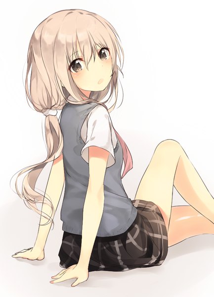 Anime picture 650x900 with original seki (l0410706268) single long hair tall image looking at viewer fringe open mouth simple background blonde hair hair between eyes white background sitting brown eyes bent knee (knees) arm support short sleeves gradient background turning head side ponytail