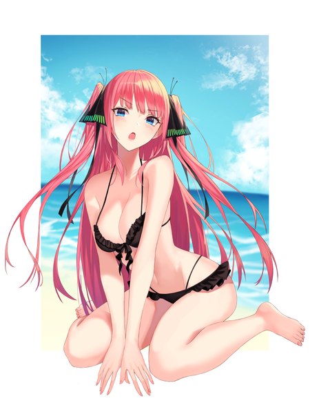 Anime picture 3000x4000 with go-toubun no hanayome nakano nino lucifer liyen single long hair tall image looking at viewer blush fringe highres breasts open mouth blue eyes light erotic simple background white background sitting bare shoulders pink hair sky