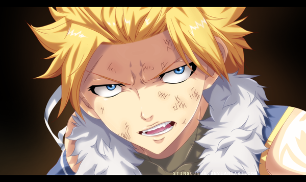 Anime picture 1300x773 with fairy tail sting eucliffe stingcunha single short hair open mouth blue eyes blonde hair wide image tattoo coloring dark background letterboxed close-up face boy fur