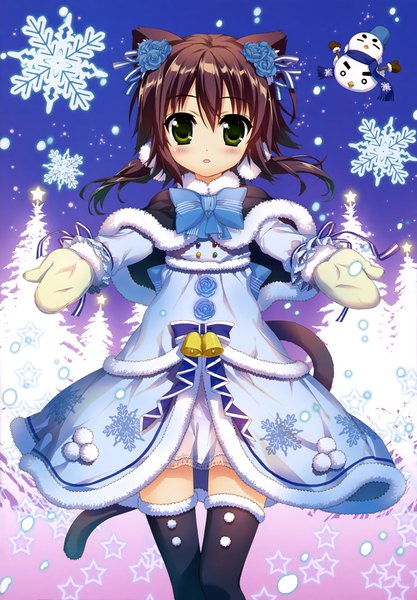 Anime picture 2851x4098 with fujima takuya single long hair tall image looking at viewer fringe highres hair between eyes brown hair green eyes animal ears tail animal tail hair flower cat ears official art cat girl cat tail loli snowing
