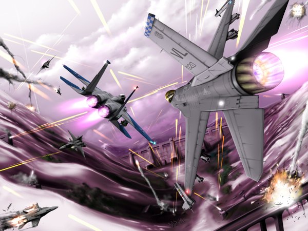 Anime-Bild 1228x921 mit zephyr164 sky scenic battle destruction war fire aircraft airplane jet