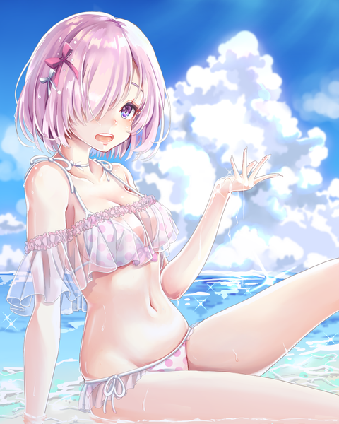 Anime picture 1200x1500 with fate (series) fate/grand order mash kyrielight hayashi takeo single tall image looking at viewer blush fringe short hair breasts open mouth light erotic large breasts sitting purple eyes bare shoulders pink hair sky cloud (clouds)