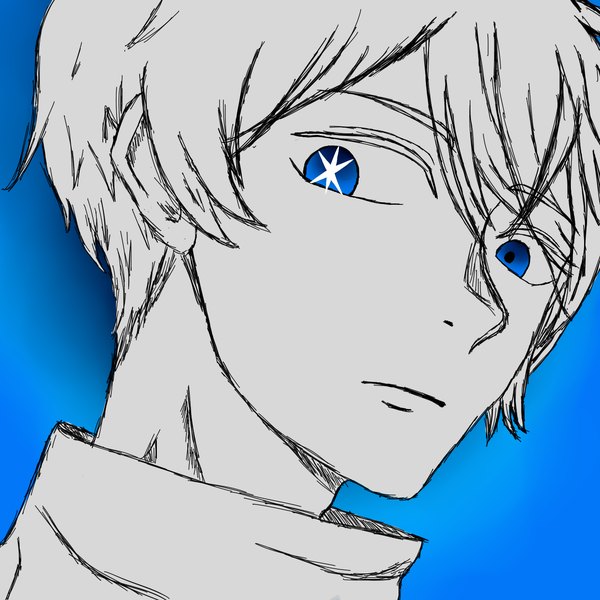 Anime picture 1400x1400 with oshi no ko hoshino aquamarine darksone single looking at viewer fringe short hair blue eyes simple background hair between eyes symbol-shaped pupils monochrome close-up blue background face sketch spot color boy