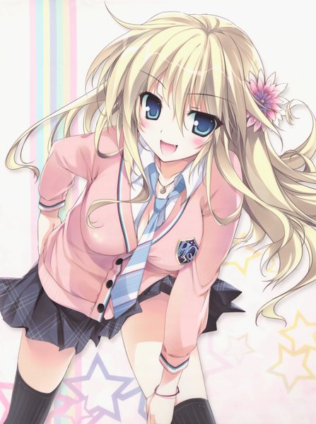 Anime picture 4671x6270 with gwave karory single long hair tall image looking at viewer blush highres open mouth blue eyes blonde hair absurdres hair flower girl thighhighs skirt uniform hair ornament flower (flowers) black thighhighs