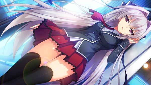 Anime picture 2560x1440 with reminiscence re daizenji suzuka tomose shunsaku single long hair looking at viewer highres open mouth wide image purple eyes game cg white hair girl thighhighs skirt uniform ribbon (ribbons) black thighhighs hair ribbon school uniform