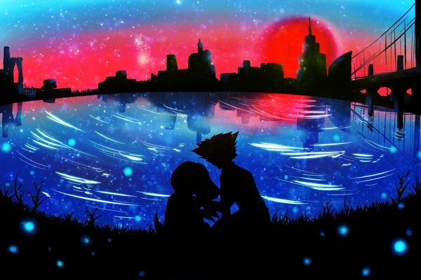 Anime picture 2250x1500 with digimon digimon adventure yagami taichi agumon kain (cafemoca) highres short hair sitting sky outdoors city evening reflection sunset silhouette river ripples boy plant (plants) animal