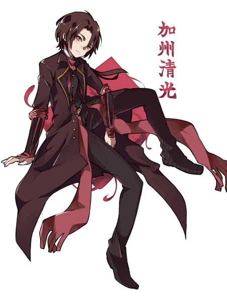 Anime picture 800x1062 with touken ranbu nitroplus kashuu kiyomitsu captain yue single long hair tall image looking at viewer simple background brown hair white background sitting full body arm support character names low ponytail boy scarf red scarf