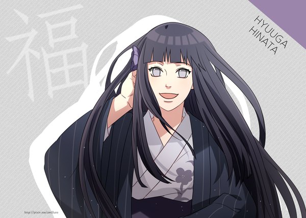 Anime picture 1538x1100 with naruto studio pierrot naruto (series) hyuuga hinata ahri (will) single long hair looking at viewer fringe open mouth black hair simple background smile signed payot upper body blunt bangs traditional clothes :d japanese clothes