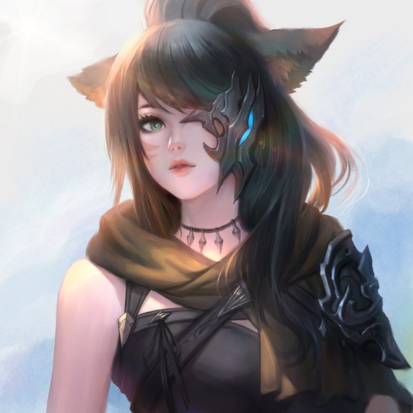 Anime picture 1300x1300 with final fantasy final fantasy xiv square enix miqo'te chaosringen single long hair looking at viewer fringe black hair green eyes animal ears sky upper body ponytail lips sunlight cat ears realistic cat girl