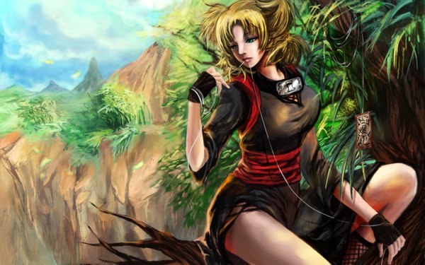 Anime picture 1500x938 with naruto studio pierrot naruto (series) temari (naruto) rikamello single short hair blonde hair wide image green eyes sky cloud (clouds) lips realistic mouth hold mountain quad tails girl plant (plants) tree (trees)