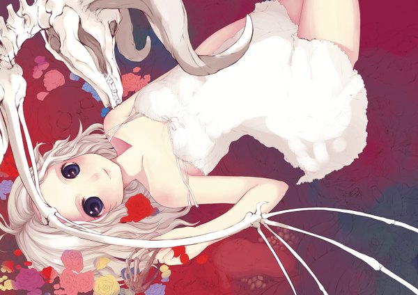 Anime picture 1460x1032 with itou nanami blue eyes white hair skeleton dress