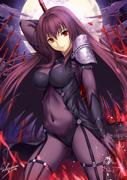 Anime picture 800x1131 with fate (series) fate/grand order scathach (fate) (all) scathach (fate) sakiyamama single long hair tall image fringe breasts light erotic hair between eyes red eyes signed purple hair looking down girl gloves navel weapon