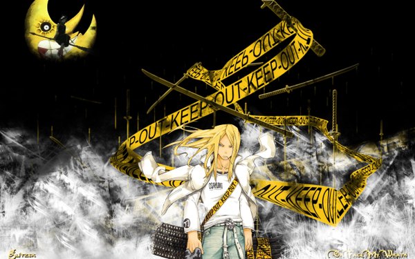 Anime picture 2560x1600 with soul eater studio bones medusa gorgon mifune okubo atsushi highres blonde hair wide image mouth hold black background clothes on shoulders crescent broom riding girl boy weapon sword katana blood broom