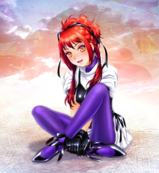 Anime picture 1636x1783 with original toshiki yui single long hair tall image looking at viewer blush open mouth light erotic smile sitting yellow eyes sky cloud (clouds) red hair braid (braids) twin braids crossed legs makeup girl
