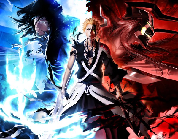 Anime picture 4000x3109 with bleach studio pierrot kurosaki ichigo zangetsu maithagor long hair looking at viewer fringe highres black hair smile holding brown eyes signed yellow eyes looking away absurdres red hair traditional clothes japanese clothes