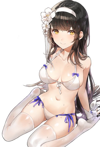 Anime picture 800x1170 with girls frontline type 95 (girls frontline) type 95 (summer cicada) (girls frontline) kim eb single long hair tall image looking at viewer breasts light erotic black hair simple background smile large breasts white background sitting yellow eyes cleavage bent knee (knees) official alternate costume