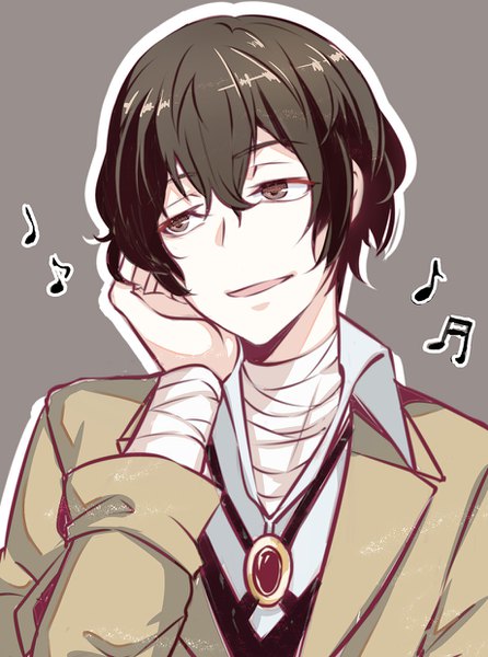 Anime picture 922x1240 with bungou stray dogs studio bones dazai osamu (bungou stray dogs) kitsune (pixiv5601263) single tall image fringe short hair black hair simple background hair between eyes brown eyes looking away grey background portrait hand on face outline boy bandage (bandages) musical note