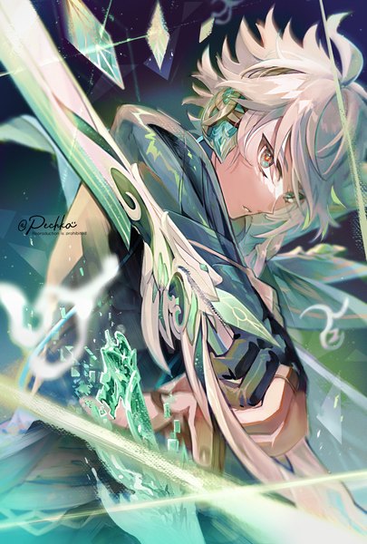 Anime picture 1378x2039 with genshin impact alhaitham (genshin impact) pechka single tall image looking at viewer short hair signed silver hair aqua eyes boy gloves weapon sword headphones partly fingerless gloves