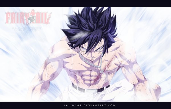 Anime picture 1200x767 with fairy tail gray fullbuster salim202 single short hair smile purple eyes purple hair inscription copyright name coloring magic scar muscle smirk boy blood cross jeans cross necklace