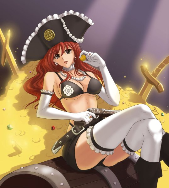 Anime picture 1075x1200 with league of legends miss fortune (league of legends) seiryu zaiten single long hair tall image looking at viewer light erotic red hair black eyes pirate girl thighhighs gloves weapon hat earrings white thighhighs sword elbow gloves