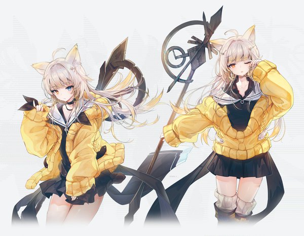 Anime picture 3853x3000 with arknights nightmare (arknights) snow is long hair looking at viewer blush fringe highres open mouth blue eyes simple background blonde hair white background animal ears yellow eyes absurdres ahoge cat ears off shoulder open jacket
