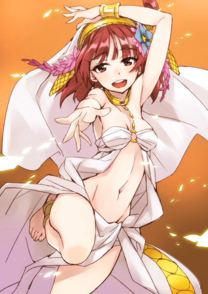 Anime picture 850x1200 with magi the labyrinth of magic a-1 pictures morgiana matsuryuu single tall image blush short hair open mouth light erotic simple background red eyes bare shoulders red hair traditional clothes barefoot bare belly outstretched arm dancing girl