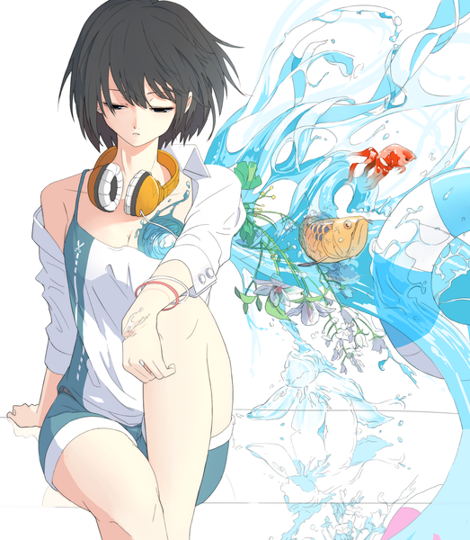Anime picture 1997x2292 with original aspara single tall image highres short hair black hair simple background white background sitting bare shoulders wind black eyes looking down headphones around neck girl flower (flowers) animal water shorts