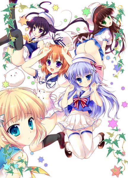 Anime picture 1000x1390 with gochuumon wa usagi desu ka? white fox kafuu chino hoto cocoa tedeza rize tippy (gochiusa) kirima sharo ujimatsu chiya mikeou long hair tall image blush short hair open mouth blue eyes light erotic black hair blonde hair brown hair purple eyes