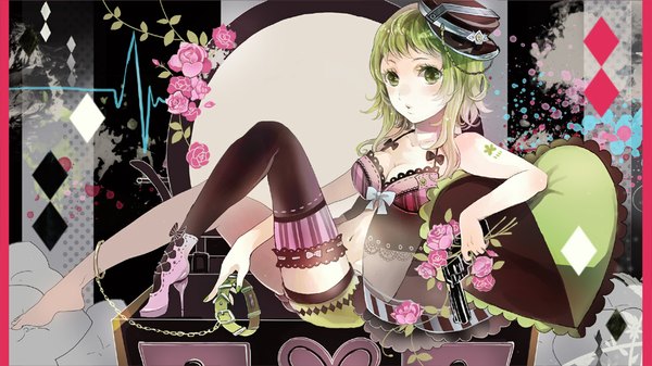 Anime picture 1000x562 with vocaloid gumi sakuragi kei single short hair wide image green eyes cleavage green hair legs girl thighhighs navel flower (flowers) weapon black thighhighs hat pantyhose pillow gun