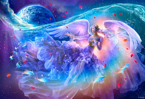 Anime picture 1100x753 with original takashi mare single long hair white hair eyes closed girl dress hair ornament animal petals wings choker fish (fishes) planet earth