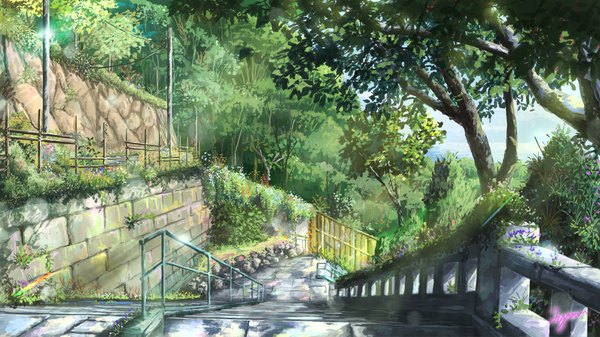 Anime picture 1980x1113 with original niko p highres wide image no people landscape scenic flower (flowers) plant (plants) tree (trees) stairs fence power lines bushes