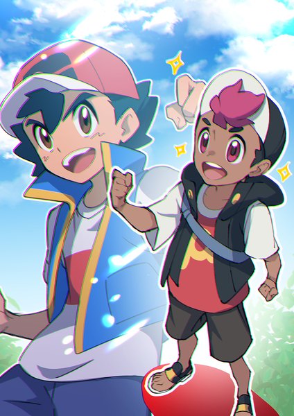 Anime picture 1158x1637 with pokemon pokemon horizons nintendo ash ketchum roy (pokemon) mitsuha (bless blessing) tall image short hair open mouth black hair smile red eyes standing brown eyes pink hair sky cloud (clouds) :d arm up multiple boys