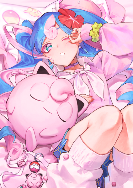 Anime picture 2894x4093 with pokemon vocaloid nintendo project voltage hatsune miku jigglypuff clefairy fairy miku (project voltage) bossan 3310 single long hair tall image highres twintails blue hair pink hair lying nail polish one eye closed multicolored hair