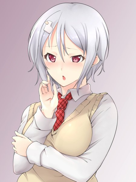 Anime picture 900x1200 with noucome yukihira furano zhudao single tall image looking at viewer blush highres short hair open mouth red eyes silver hair gradient background girl uniform hair ornament school uniform necktie vest sweater vest