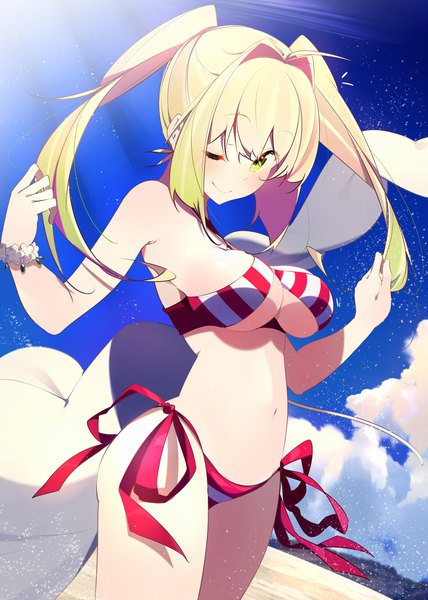 Anime picture 1069x1500 with fate (series) fate/grand order nero claudius (fate) (all) nero claudius (swimsuit caster) (fate) benio (dontsugel) single long hair tall image looking at viewer blush fringe breasts light erotic blonde hair smile hair between eyes large breasts standing twintails green eyes