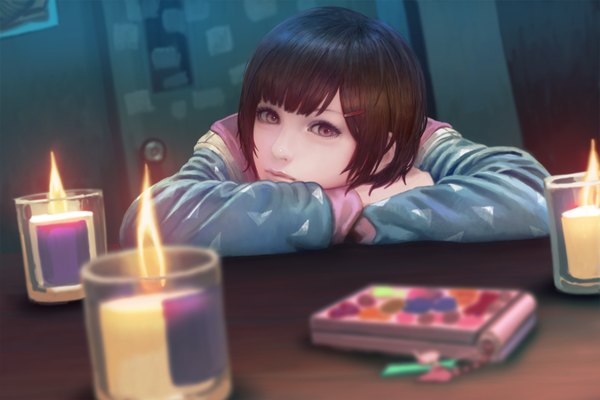 Anime picture 1200x800 with let it die naomi detox kakotomirai single looking at viewer fringe short hair brown hair brown eyes upper body indoors lips blurry realistic crossed arms girl hair ornament jacket hairclip table