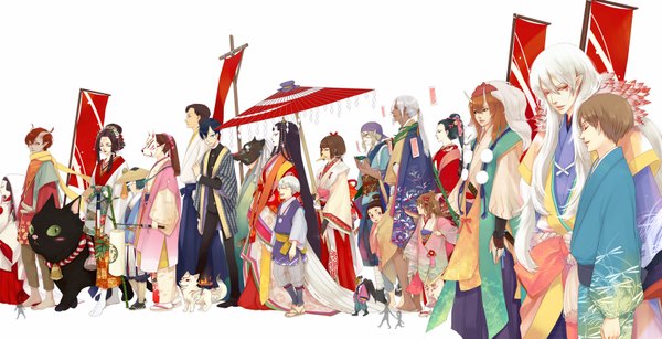 Anime picture 1680x861 with natsume yuujinchou xxxholic mononoke okami toei animation brains base (studio) clamp natsume takashi madara (nyanko-sensei) kusuriuri (mononoke) watanuki kimihiro amaterasu (okami) doumeki shizuka fukawa (pixiv) long hair short hair black hair brown hair wide image white background