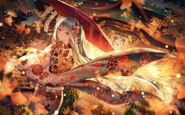 Anime picture 4500x2800 with vocaloid hatsune miku junpaku karen single long hair looking at viewer blush fringe highres wide image standing twintails holding absurdres outdoors long sleeves very long hair traditional clothes japanese clothes looking back