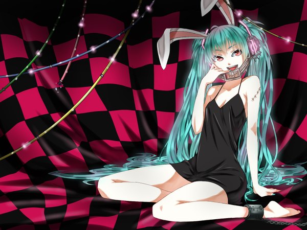 Anime picture 1600x1200 with vocaloid hatsune miku single long hair red eyes twintails animal ears green hair bunny ears scar checkered background girl chain wire (wires) handcuffs