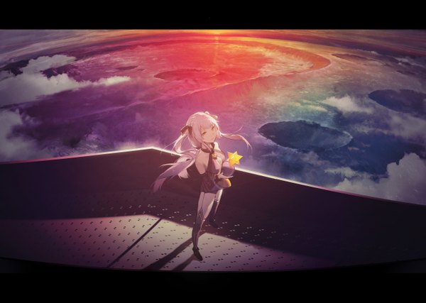 Anime picture 2560x1822 with vocaloid xingchen kieed single long hair looking at viewer highres standing twintails bare shoulders yellow eyes purple hair cloud (clouds) full body parted lips letterboxed landscape scenic girl ribbon (ribbons)