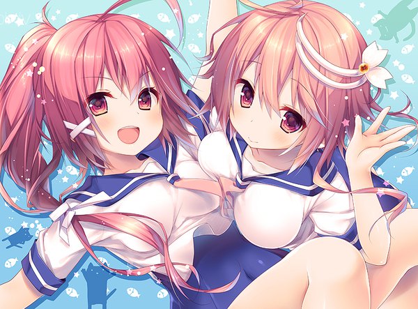 Anime picture 800x591 with kantai collection i-58 submarine i-168 submarine konomi (kino konomi) long hair looking at viewer fringe short hair breasts open mouth light erotic smile red eyes multiple girls ahoge ponytail red hair lying on back covered navel