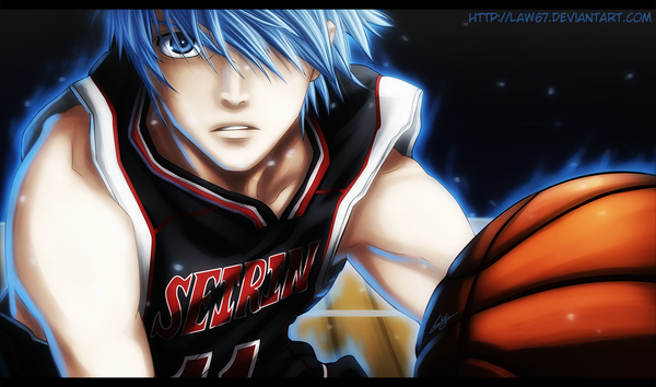 Anime picture 1438x850 with kuroko no basket production i.g kuroko tetsuya law67 single fringe short hair blue eyes wide image blue hair hair over one eye realistic coloring muscle basketball boy uniform gym uniform ball basketball ball