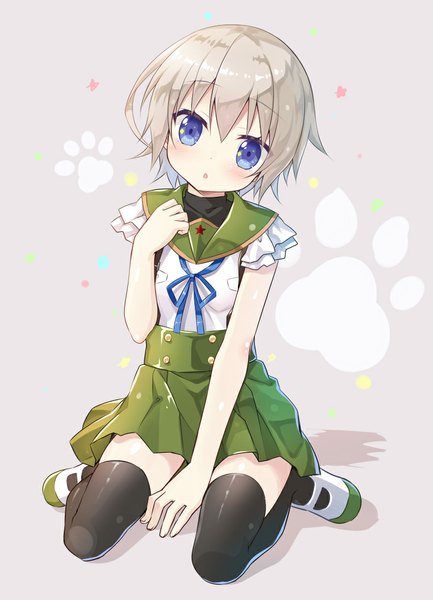 Anime picture 795x1100 with gakkou gurashi! naoki miki yano mitsuki single tall image looking at viewer blush fringe short hair open mouth blue eyes sitting silver hair bent knee (knees) pleated skirt kneeling hand on chest footprints girl skirt