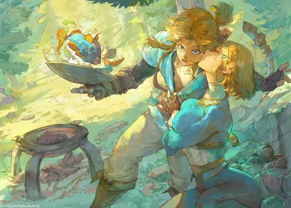 Anime picture 5750x4103 with the legend of zelda the legend of zelda: breath of the wild nintendo princess zelda link cutesexyrobutts fringe highres short hair breasts open mouth blue eyes light erotic blonde hair large breasts standing sitting holding signed looking away